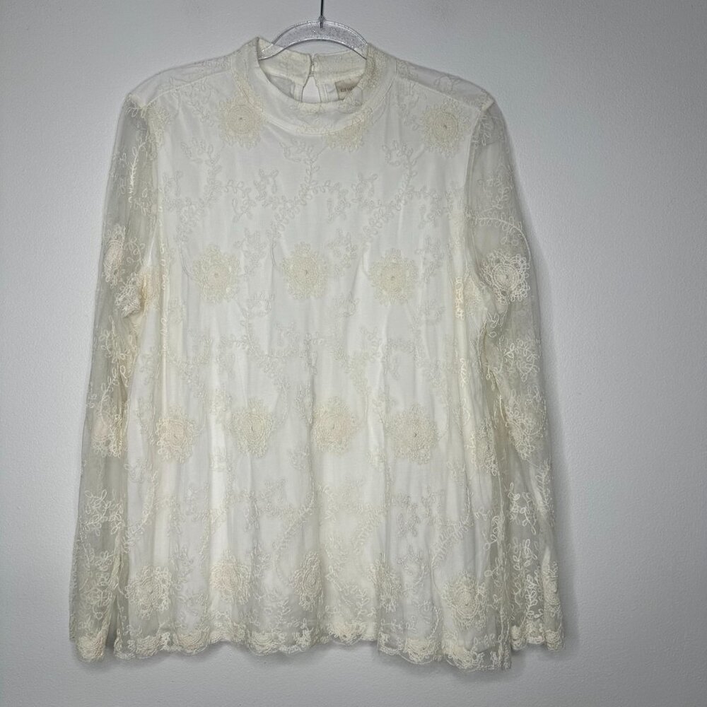 Chicos Lace Overlay Top Size XL‎ Cream Crochet Long Sleeve Sheer
